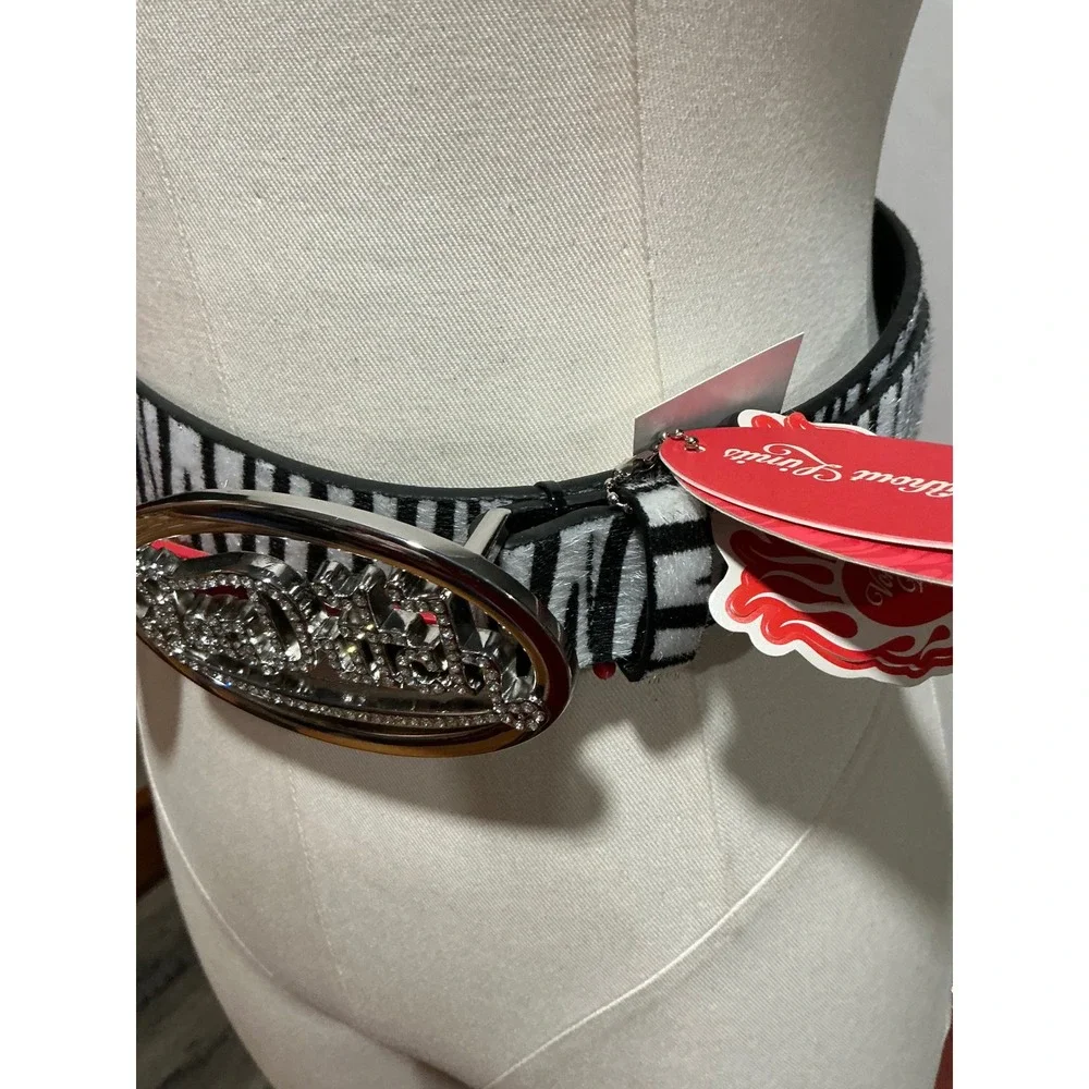 Von Dutch Zebra Print Faux Fur Rhinestone Logo Buckle Belt Y2K Coquette NWT M